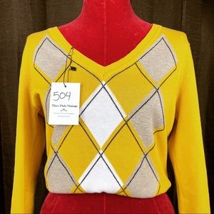 Liz Claiborne Argyle Sweater. Cotton. Yellow